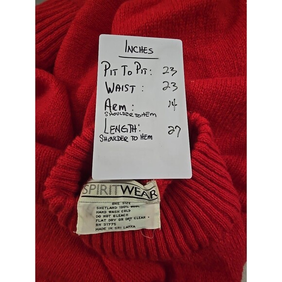 Vtg Cherry Red Shetland Wool Sweater Womens OS Mock Funnel Neck Long Fisherman - Picture 5 of 6